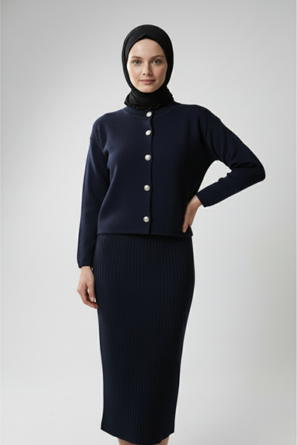 Kadın Lacivert Hırka Elbise İkili Takım