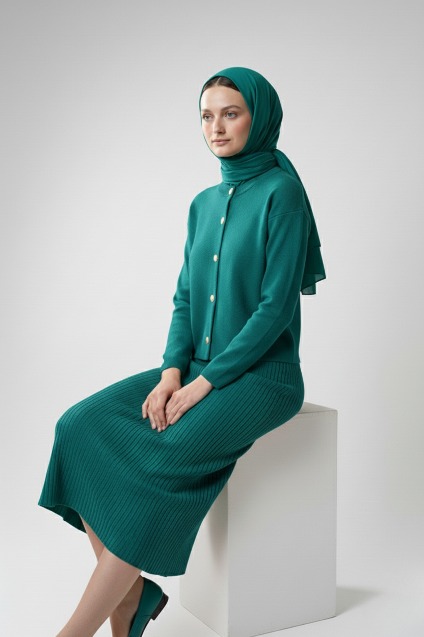 Kadın Turkuaz Hırka Elbise İkili Takım