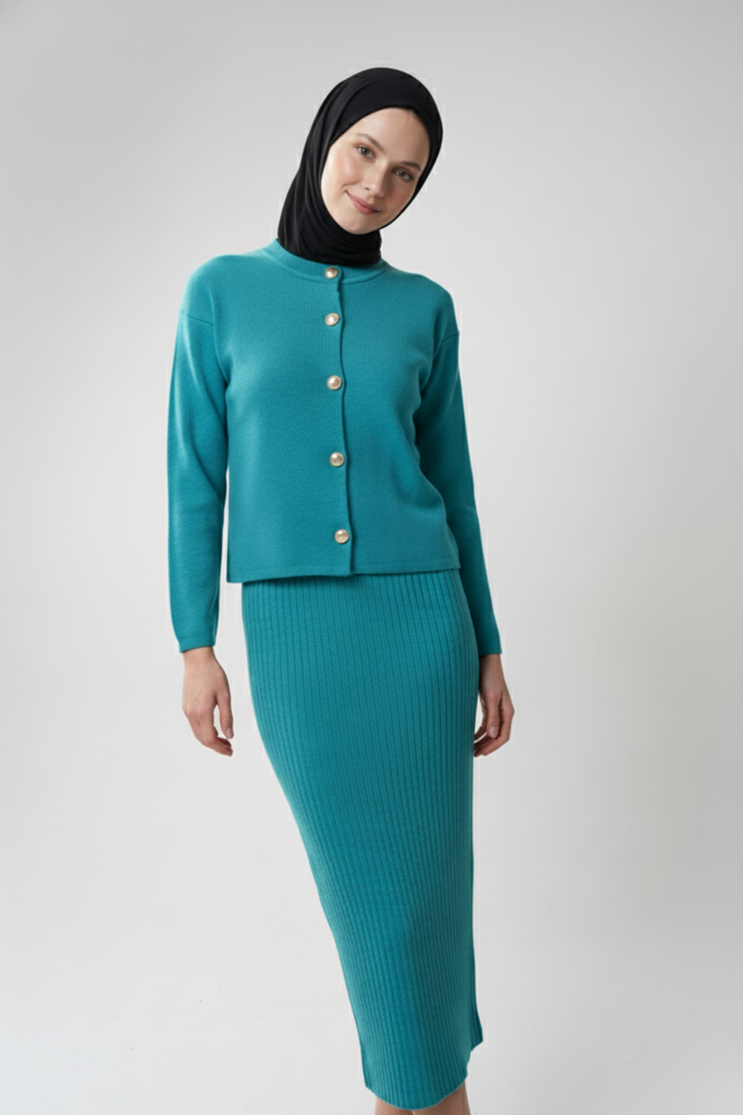 Kadın Turkuaz Hırka Elbise İkili Takım