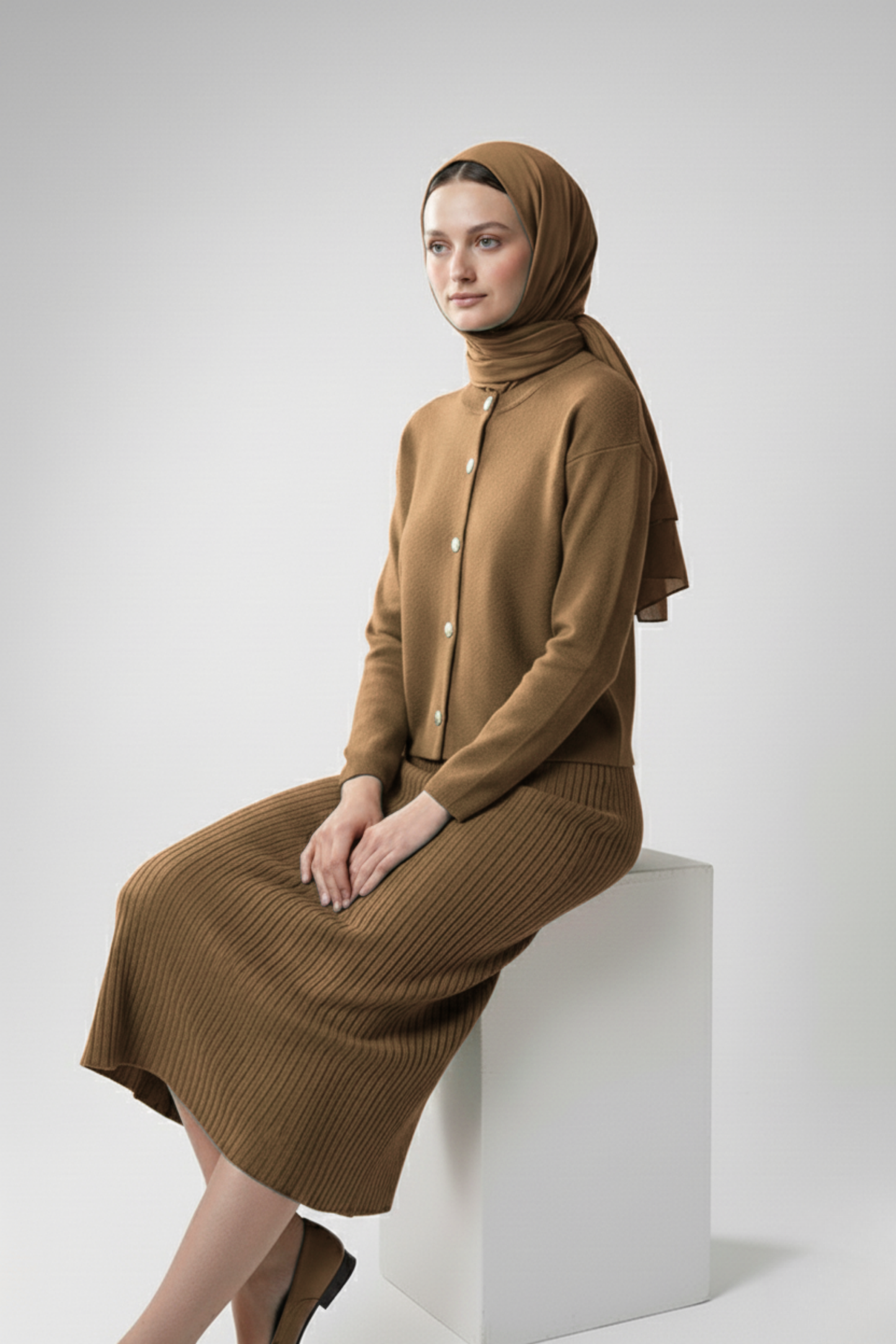 Kadın Kiremit Hırka Elbise İkili Takım