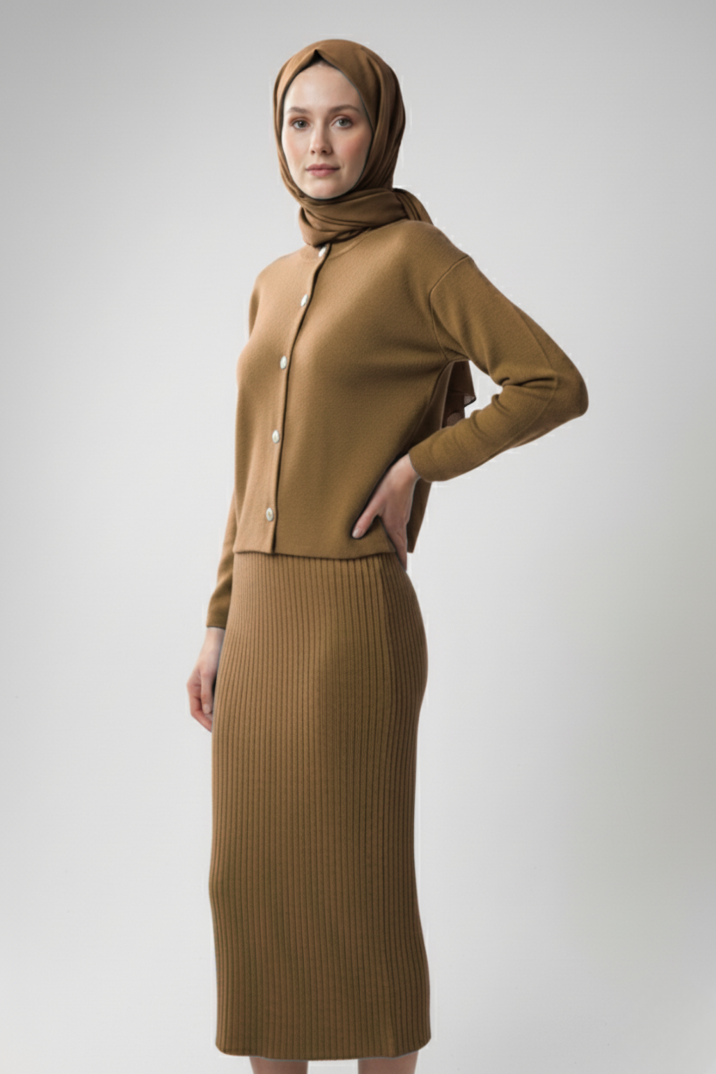 Kadın Kiremit Hırka Elbise İkili Takım