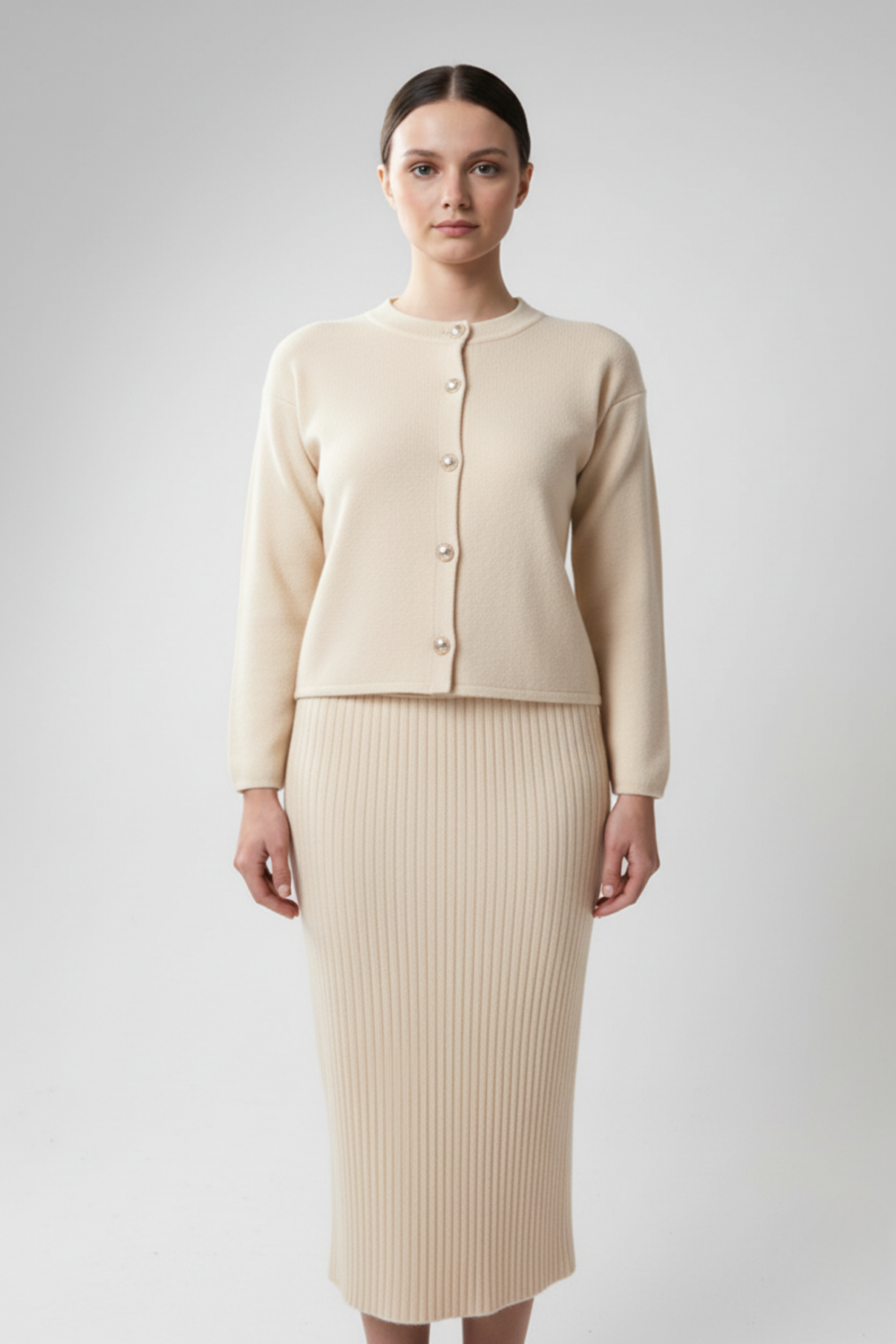 Kadın Hırka Elbise İkili Takım - Krem