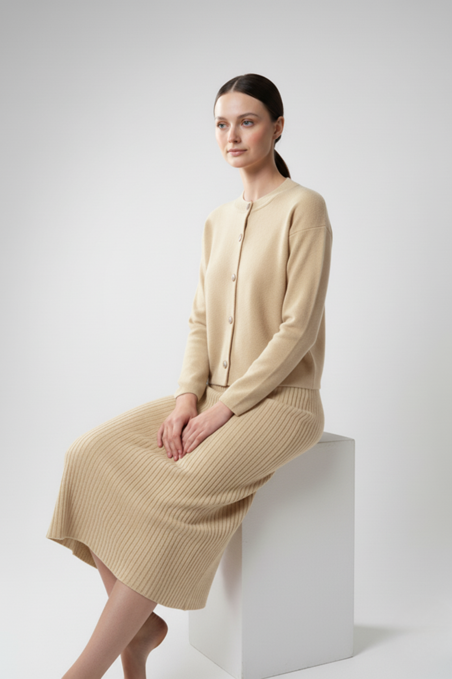 Kadın Hırka Elbise İkili Takım - Krem