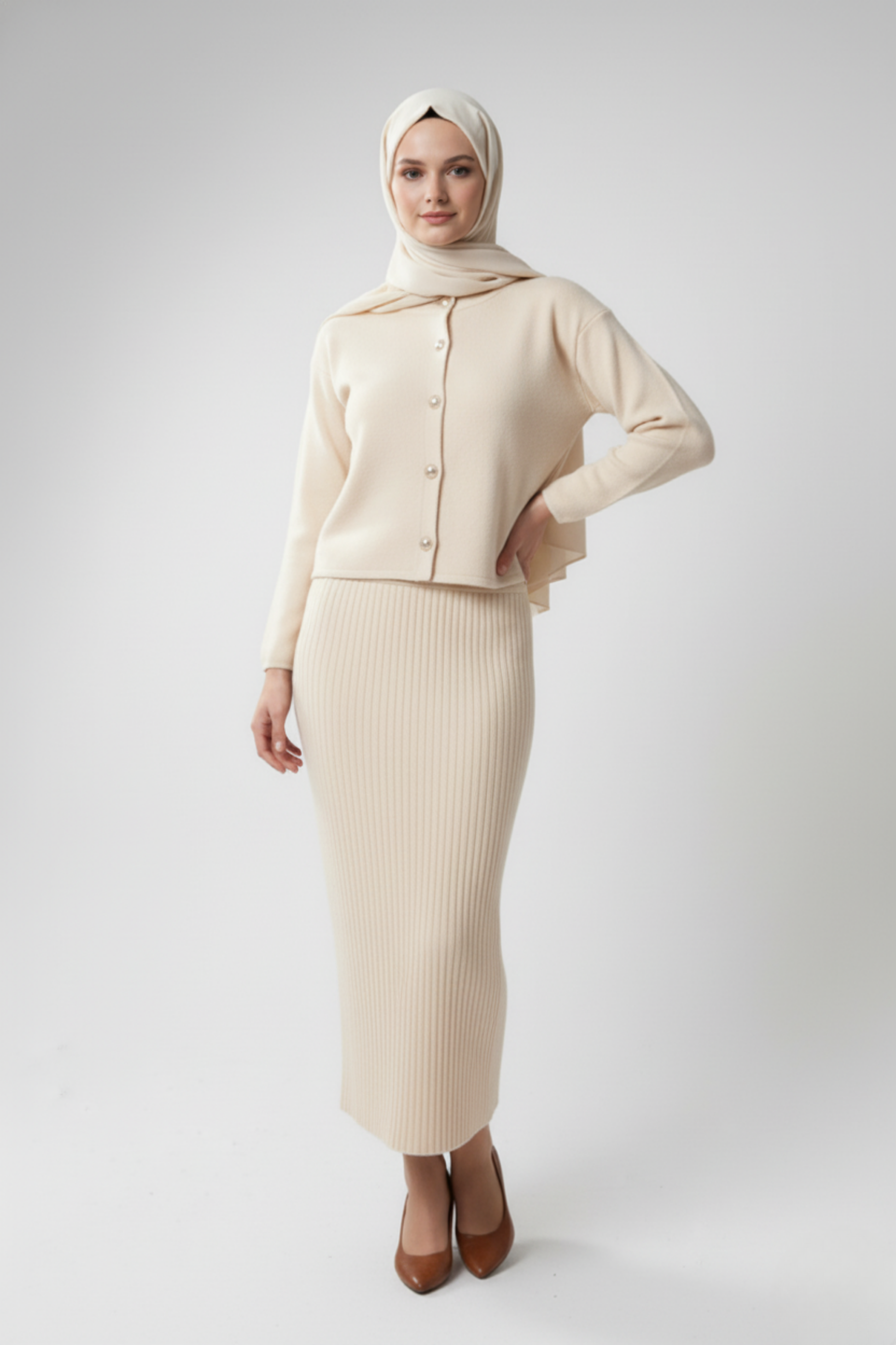 Kadın  Krem Hırka Elbise İkili Takım