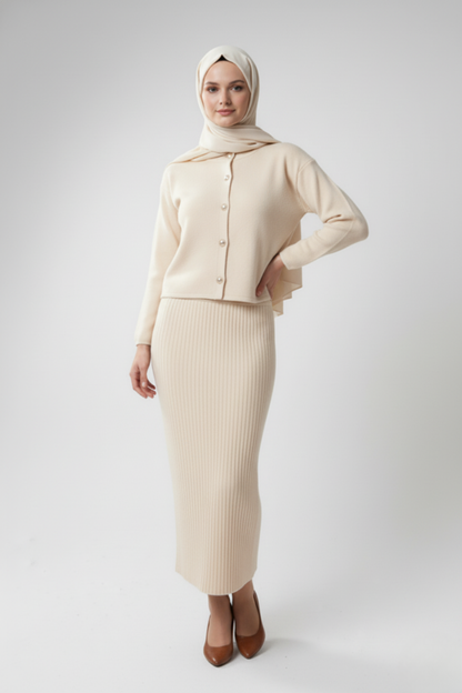 Kadın  Krem Hırka Elbise İkili Takım