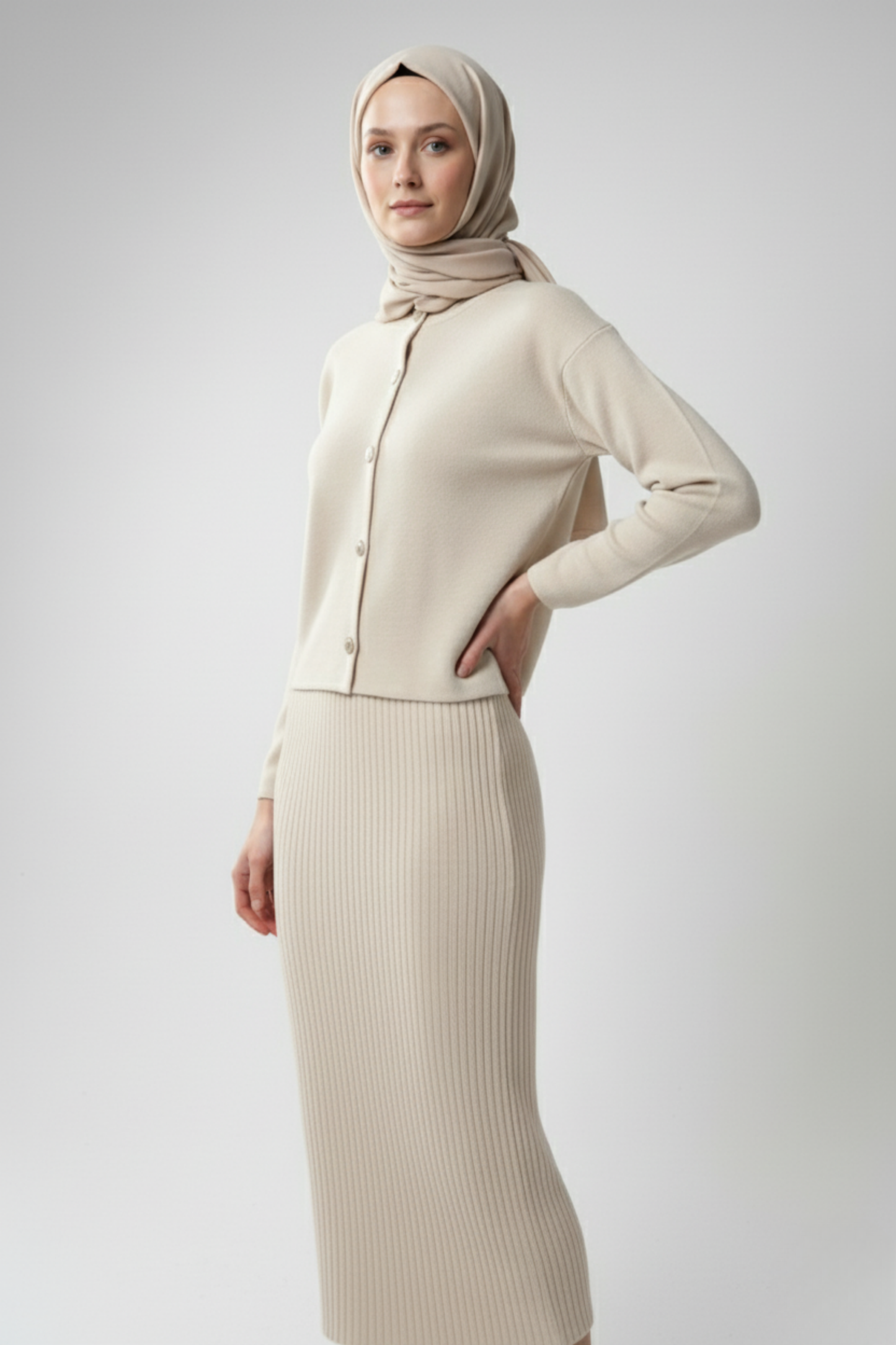 Kadın  Krem Hırka Elbise İkili Takım