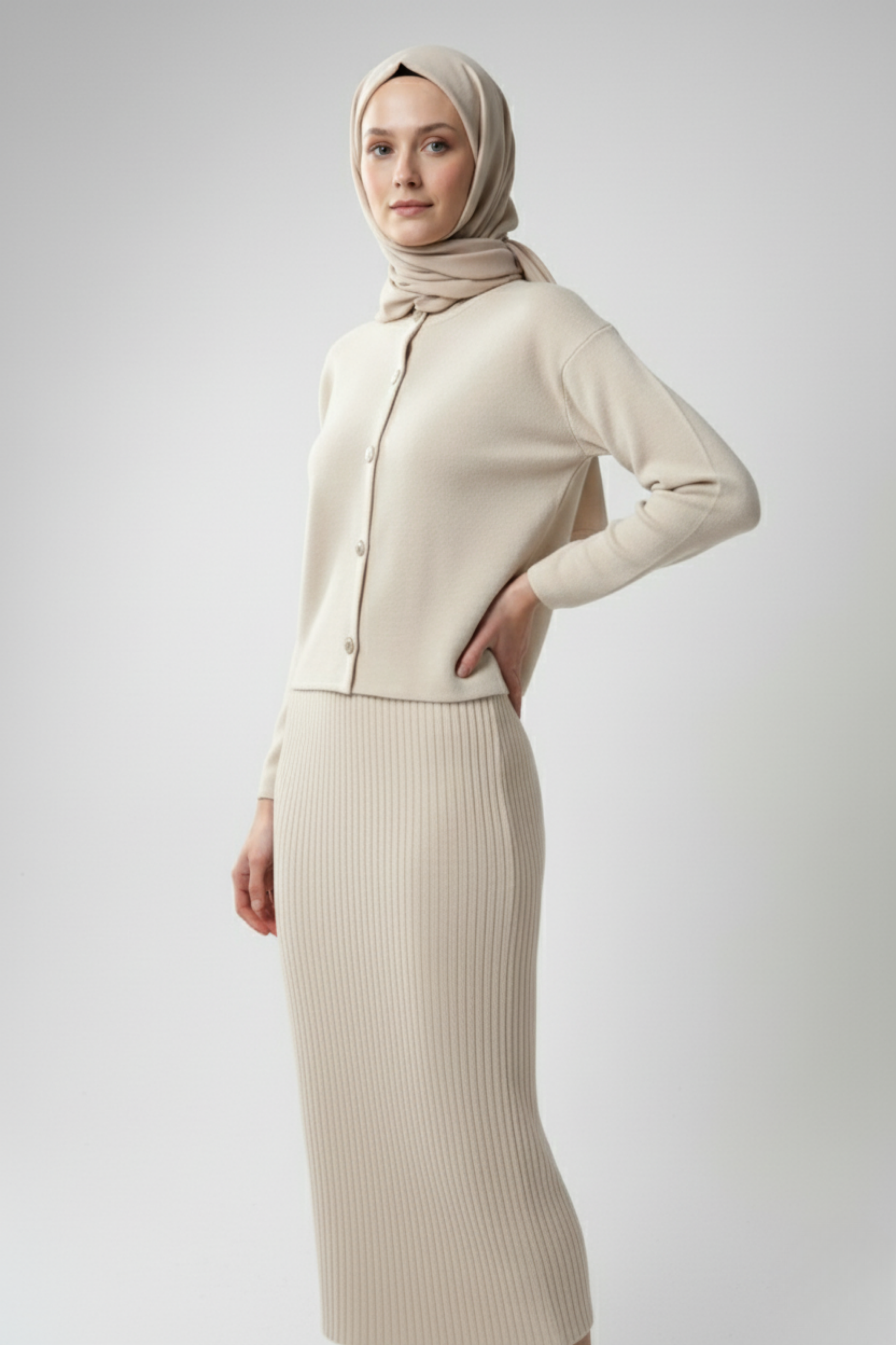 Kadın  Krem Hırka Elbise İkili Takım