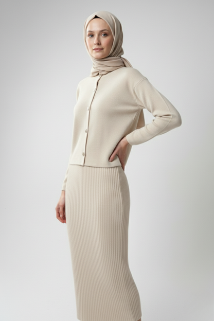 Kadın  Krem Hırka Elbise İkili Takım