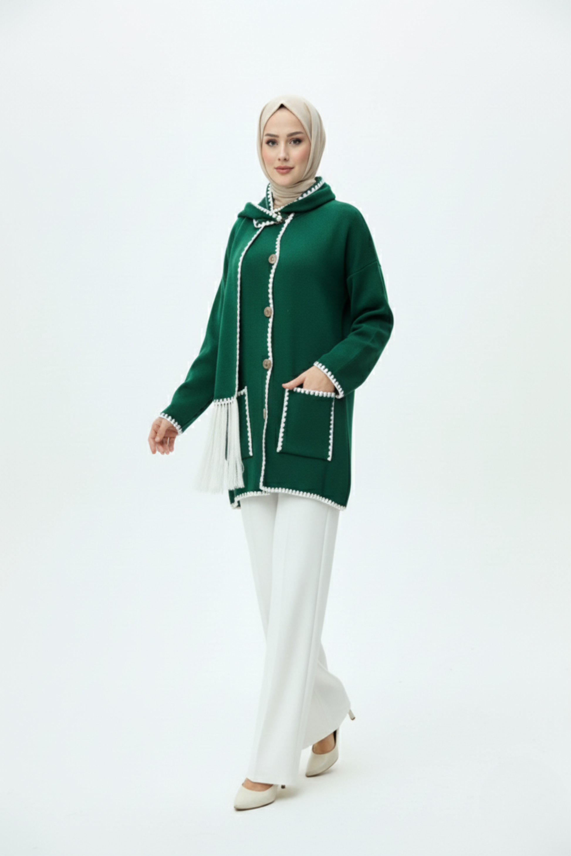 Kadın Nakış Detaylı Atkılı Yumuşak Ceket - Yeşil