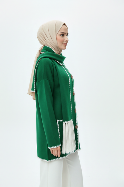 Kadın Nakış Detaylı Atkılı Yumuşak Ceket - Yeşil