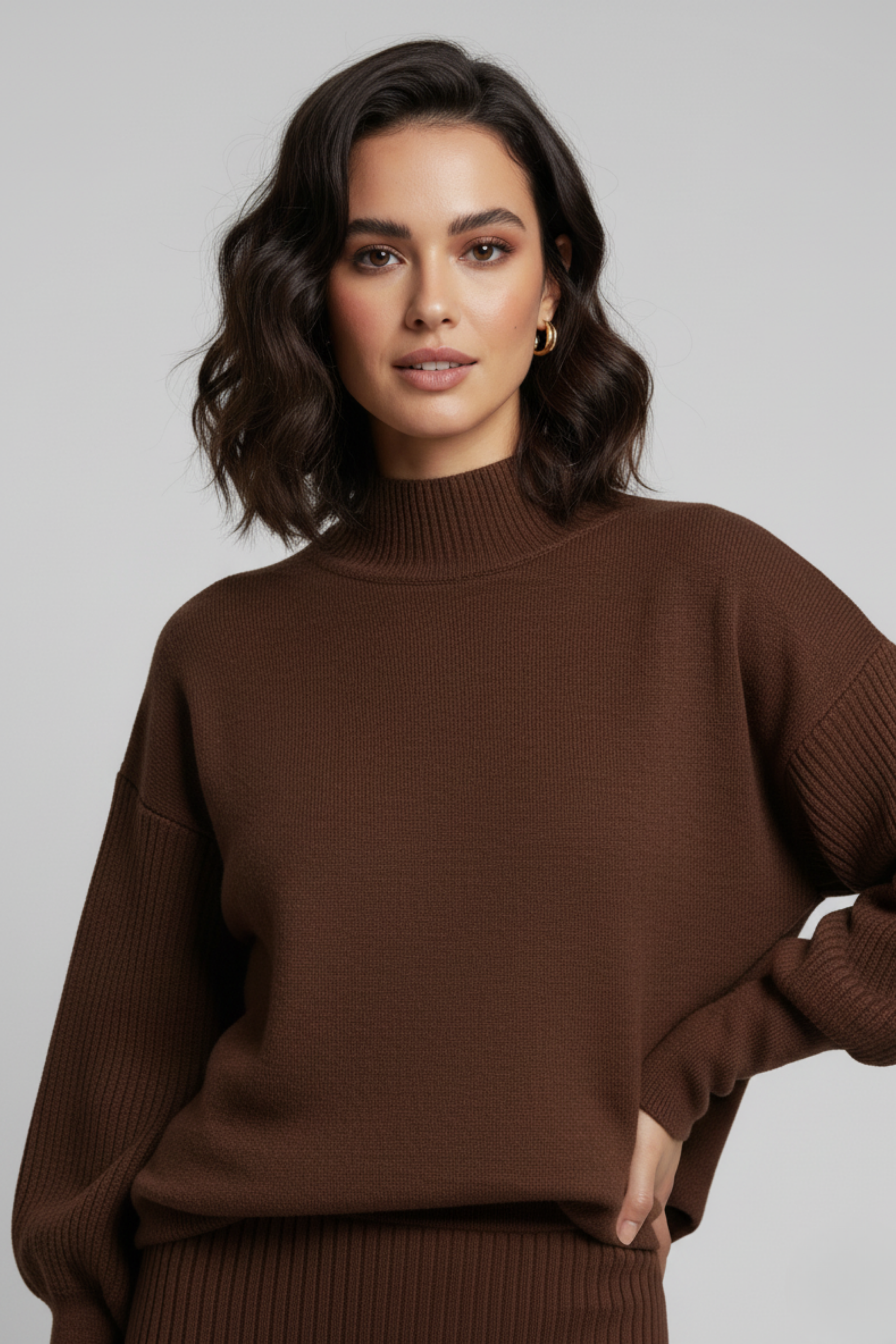 Triko Kahverengi Kazak ve Fitilli Elbise İkili Takım