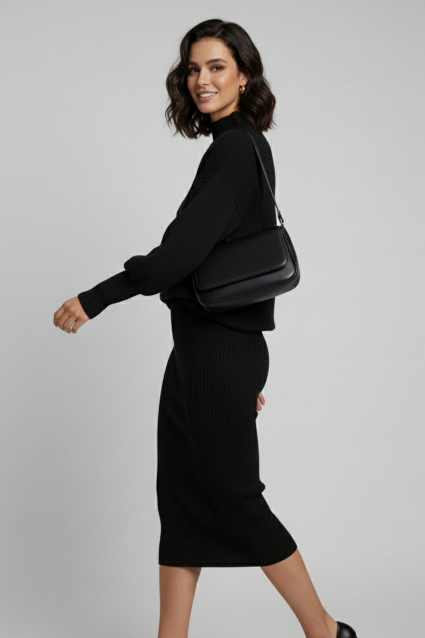 Triko Siyah Kazak ve Fitilli Elbise İkili Takım