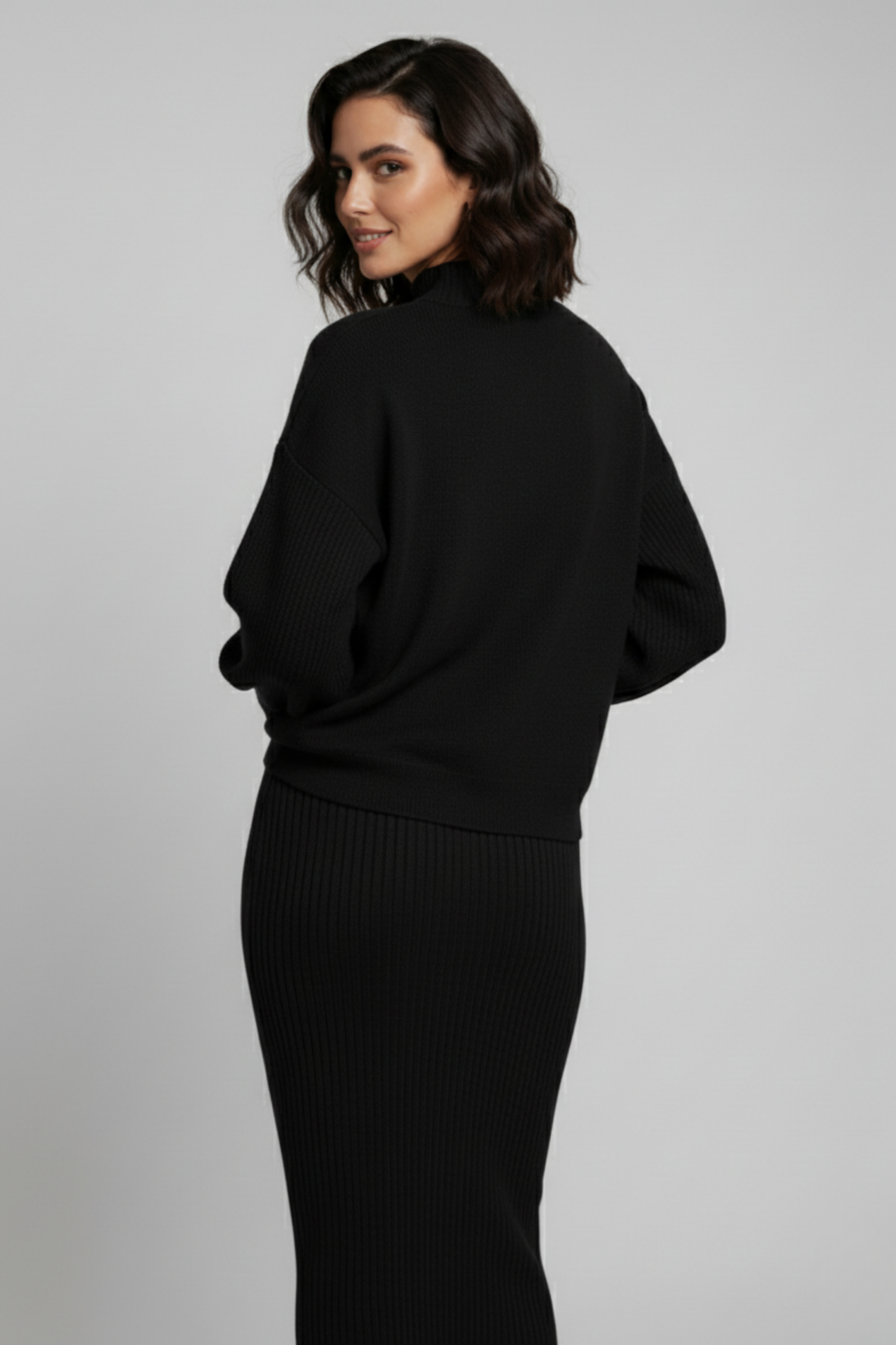 Triko Siyah Kazak ve Fitilli Elbise İkili Takım