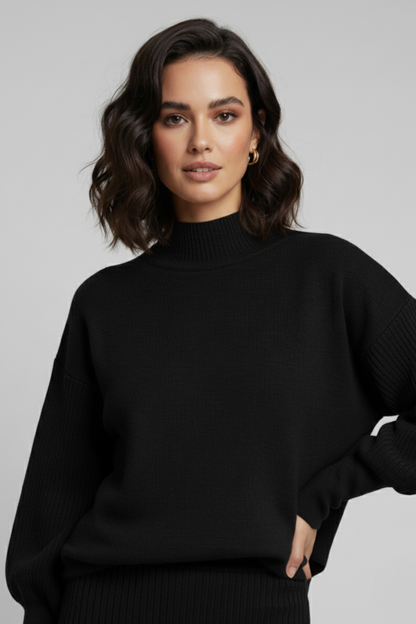 Triko Siyah Kazak ve Fitilli Elbise İkili Takım