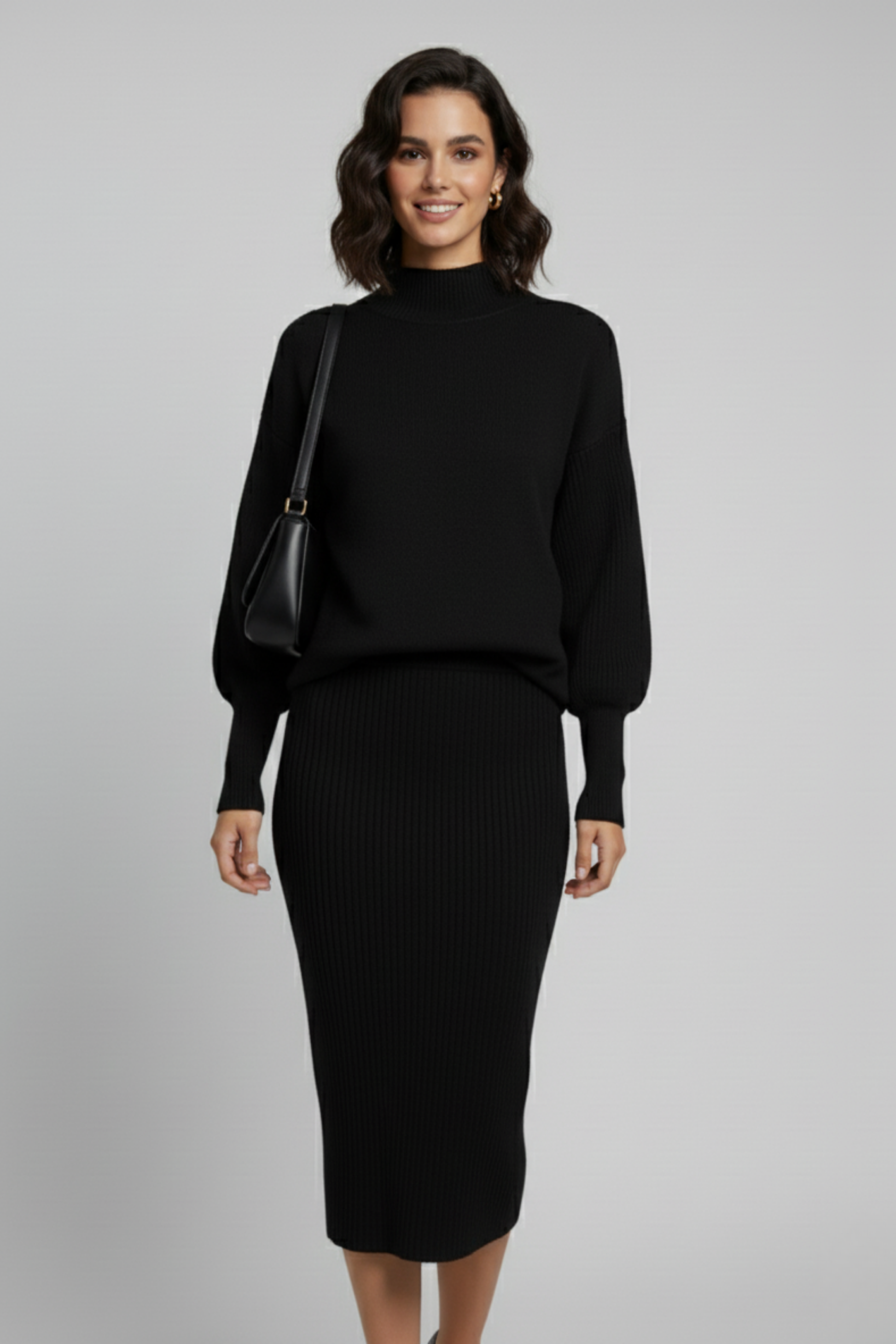 Triko Siyah Kazak ve Fitilli Elbise İkili Takım