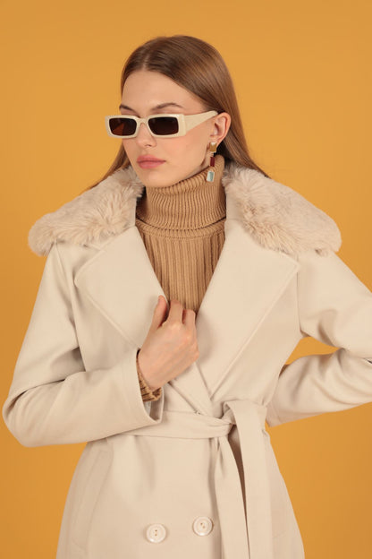 Kürk Detay Kadın Ekru Kaşe Kaban