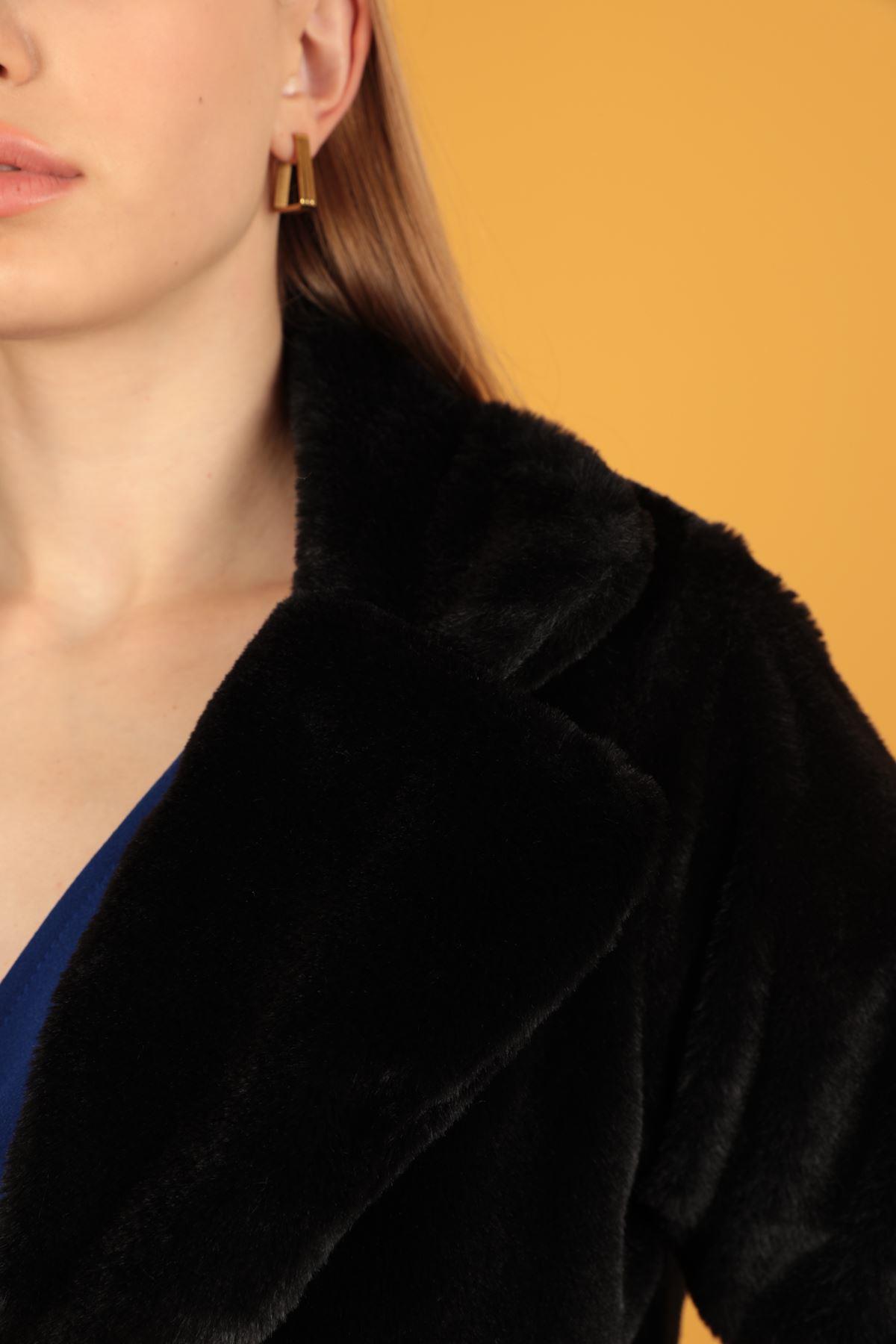 Peluş Kumaş Kadın Siyah Kaban