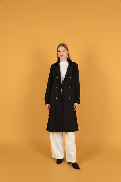 Tokalı kadın Siyah Trençkot