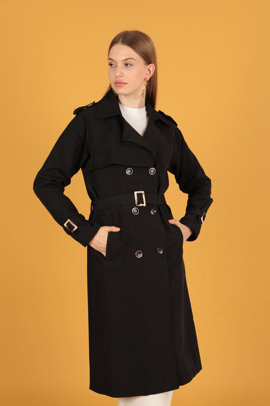 Tokalı kadın Siyah Trençkot