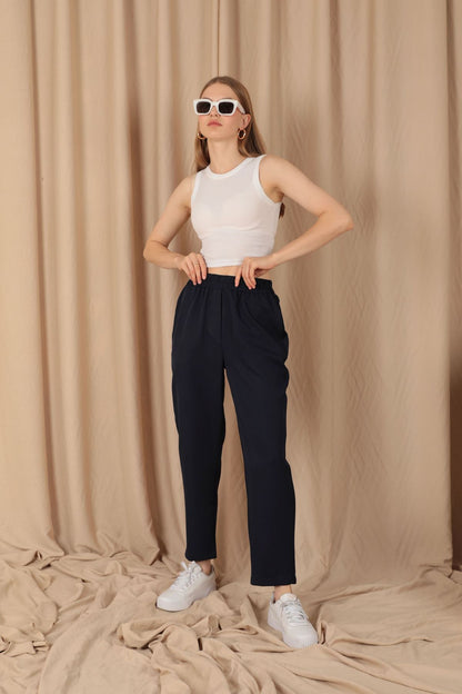 Beli Lastikli Düz Kadın Lacivert Pantolon