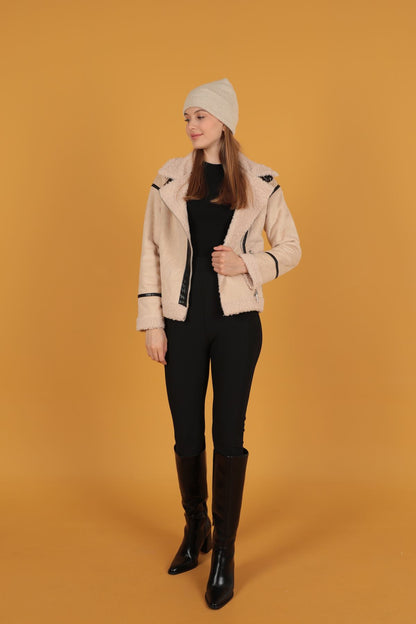 Süet Kıvırcık Kumaş Motorcu Taş Rengi Mont