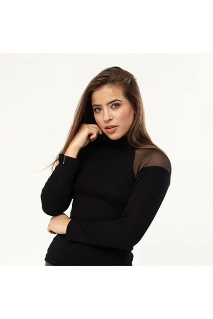Kadın Siyah Omuzlar Tüllü Boğazlı Bluz