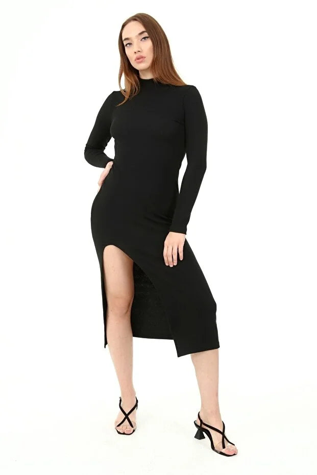 Kadın Siyah Yarım Balıkçı Tek Taraf Yırtmaçlı Uzun Kol Elbise