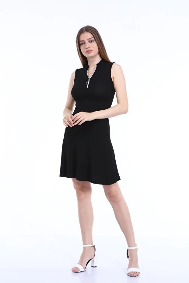 Kadın Siyah Yaka Fermuarlı Kolsuz Kaşkorse Elbise