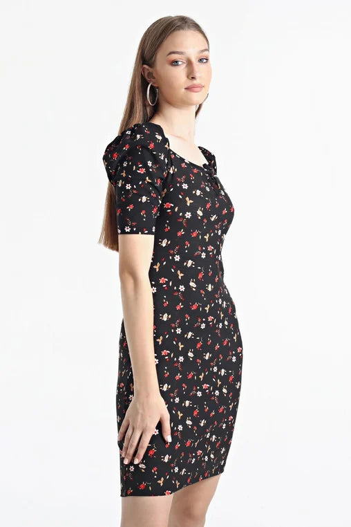 Kadın Siyah Balon Kol Kare Yaka Elbise