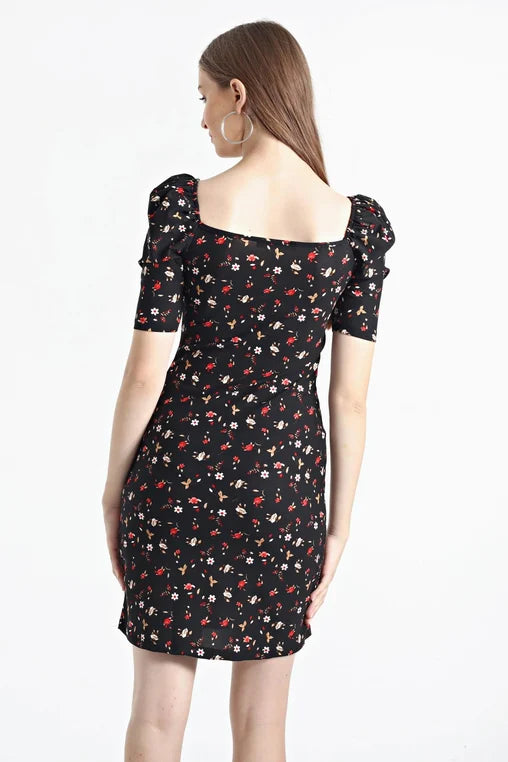 Kadın Siyah Balon Kol Kare Yaka Elbise