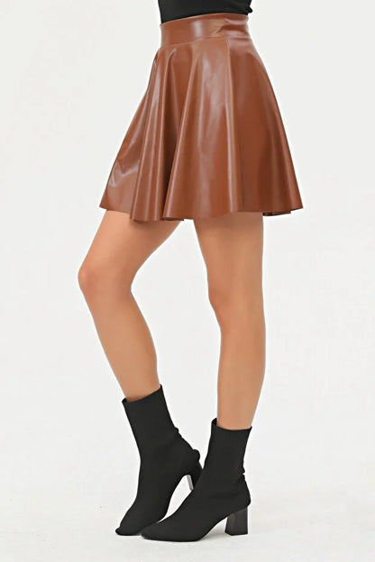 Kadın Mini Kloş Taba Renkli Suni Deri Etek