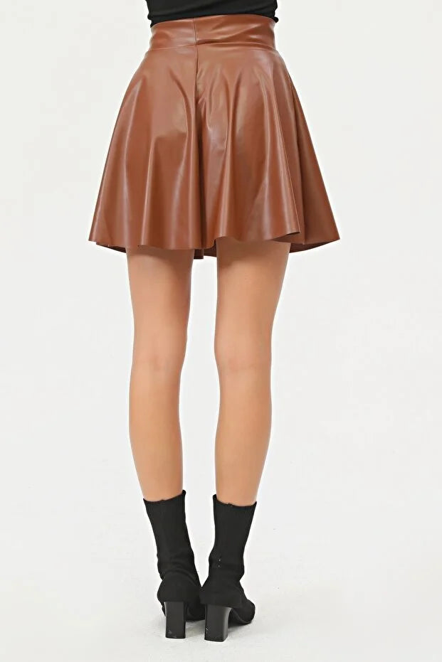 Kadın Mini Kloş Taba Renkli Suni Deri Etek