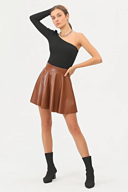 Kadın Mini Kloş Taba Renkli Suni Deri Etek