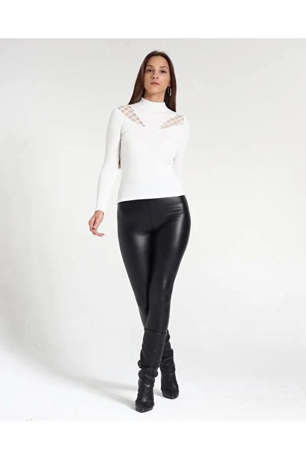 Kadın Desenli Dantel Detaylı Likralı Bluz