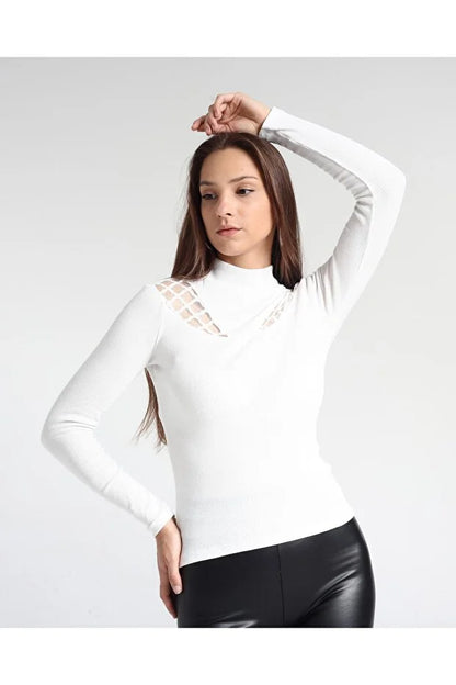 Kadın Desenli Dantel Detaylı Likralı Bluz