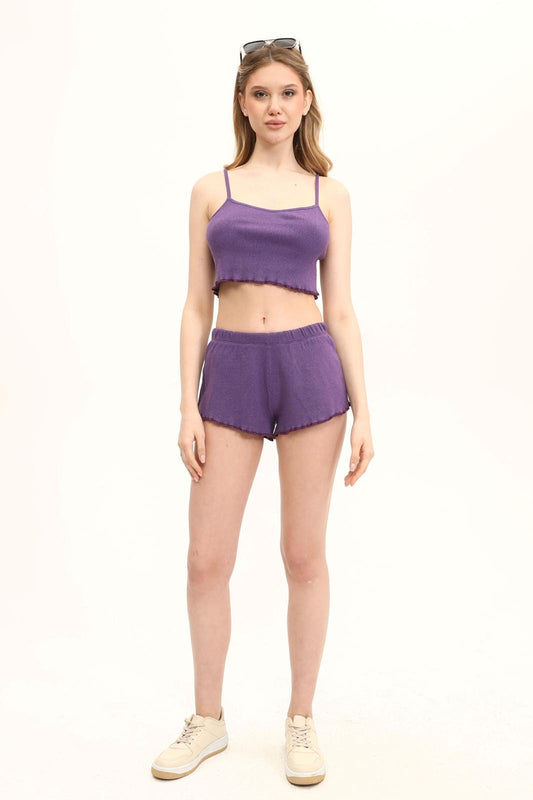 Kadın Mor Şort Crop Alt Üst Takım