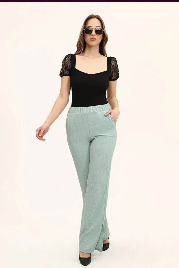 Kadın Siyah Oval Yaka Kollar Dantel Örme Bluz