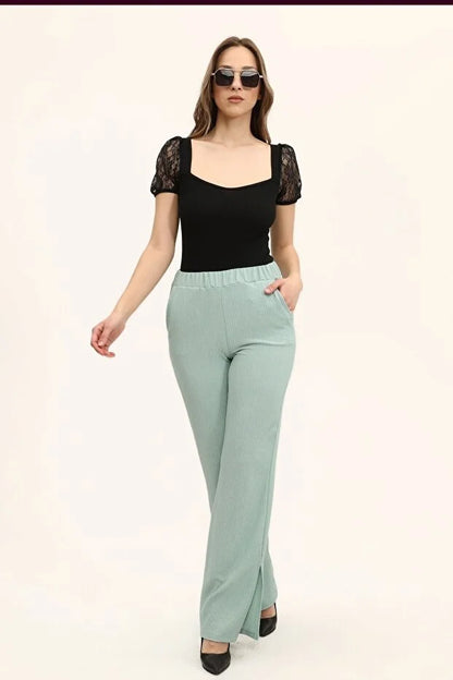 Kadın Siyah Oval Yaka Kollar Dantel Örme Bluz