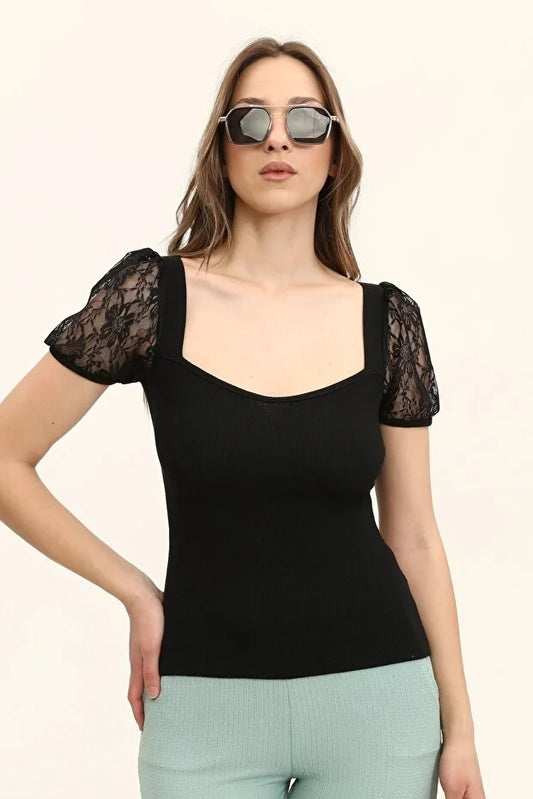 Kadın Siyah Oval Yaka Kollar Dantel Örme Bluz