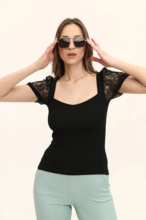 Kadın Siyah Oval Yaka Kollar Dantel Örme Bluz