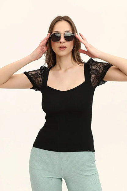 Kadın Siyah Oval Yaka Kollar Dantel Örme Bluz