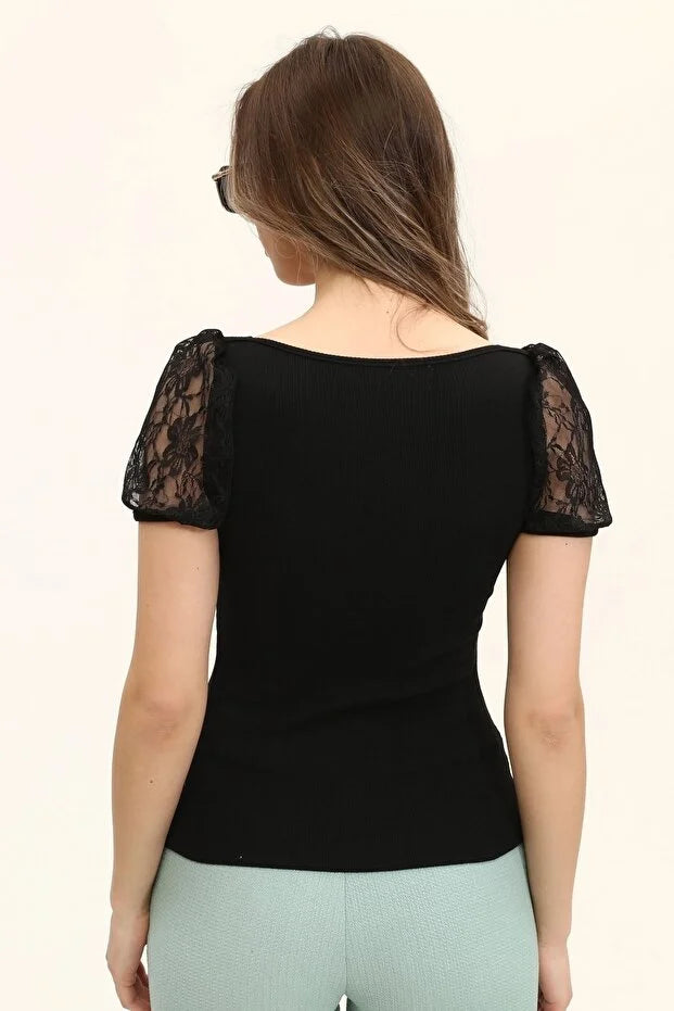 Kadın Siyah Oval Yaka Kollar Dantel Örme Bluz