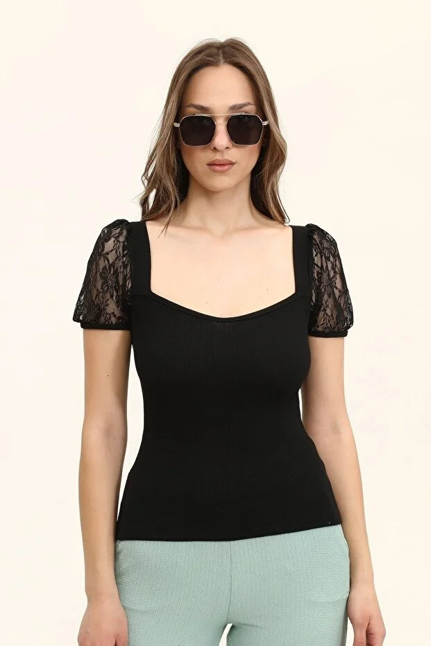 Kadın Siyah Oval Yaka Kollar Dantel Örme Bluz