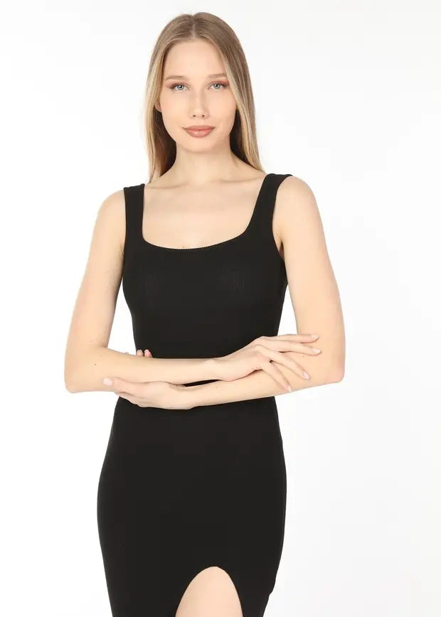 Kadın Elbise Kadın Siyah Kare Yaka Yırtmaçlı Kaşkorse Elbise