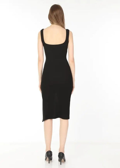 Kadın Elbise Kadın Siyah Kare Yaka Yırtmaçlı Kaşkorse Elbise