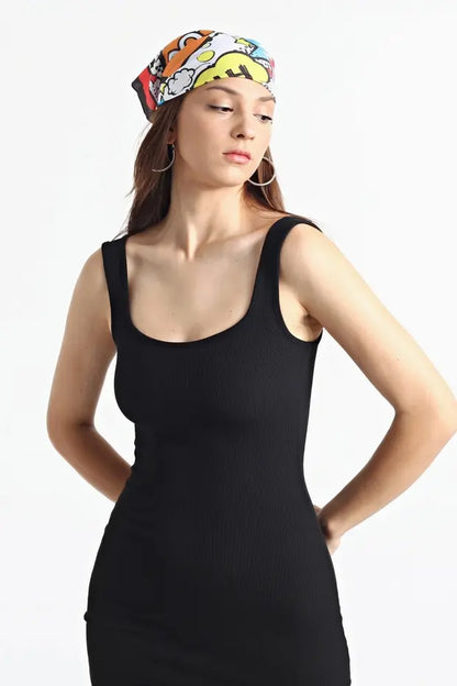 Kadın Elbise Kadın Siyah Kare Yaka Yırtmaçlı Kaşkorse Elbise