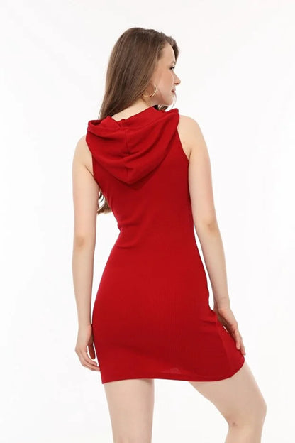 Kadın Kırmızı Kapüşonlu Örme Elbise