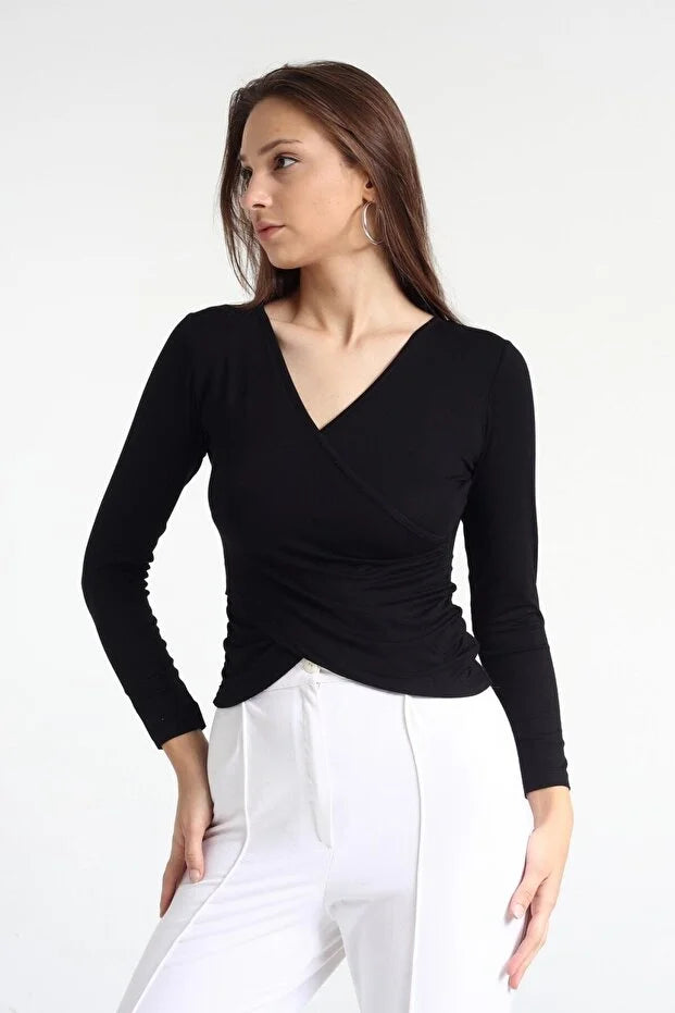 Kadın Siyah Viskon Ön Çapraz Kapama Bluz