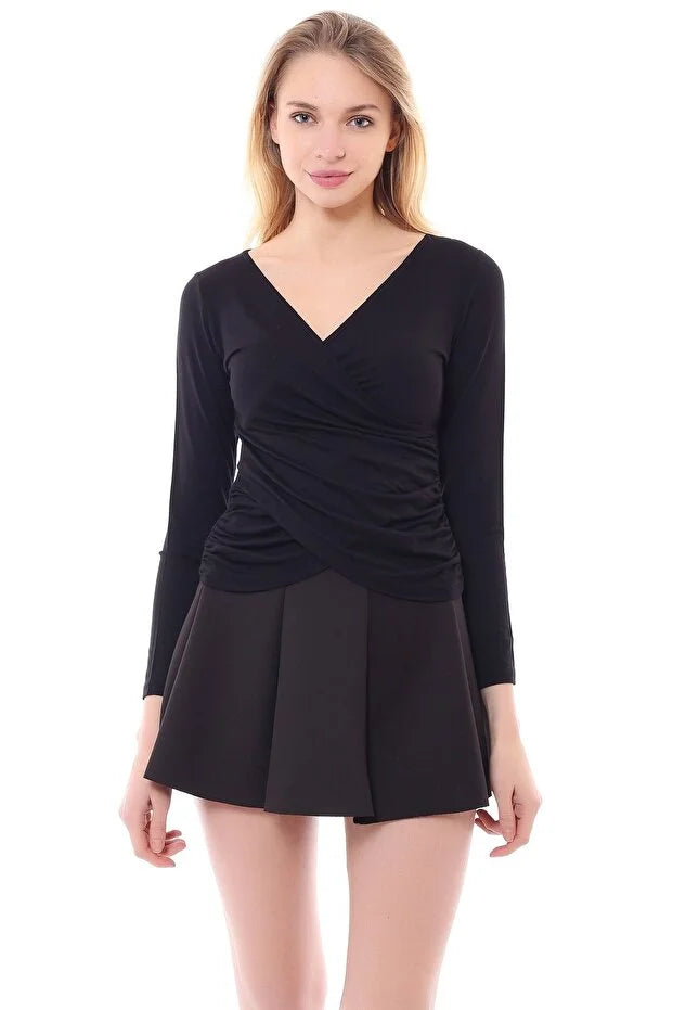 Kadın Siyah Viskon Ön Çapraz Kapama Bluz