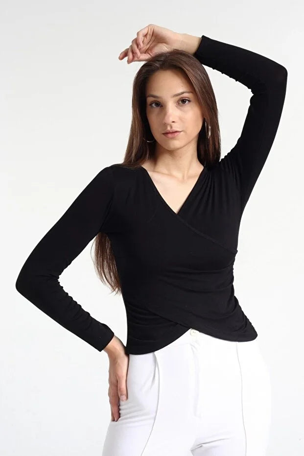 Kadın Siyah Viskon Ön Çapraz Kapama Bluz